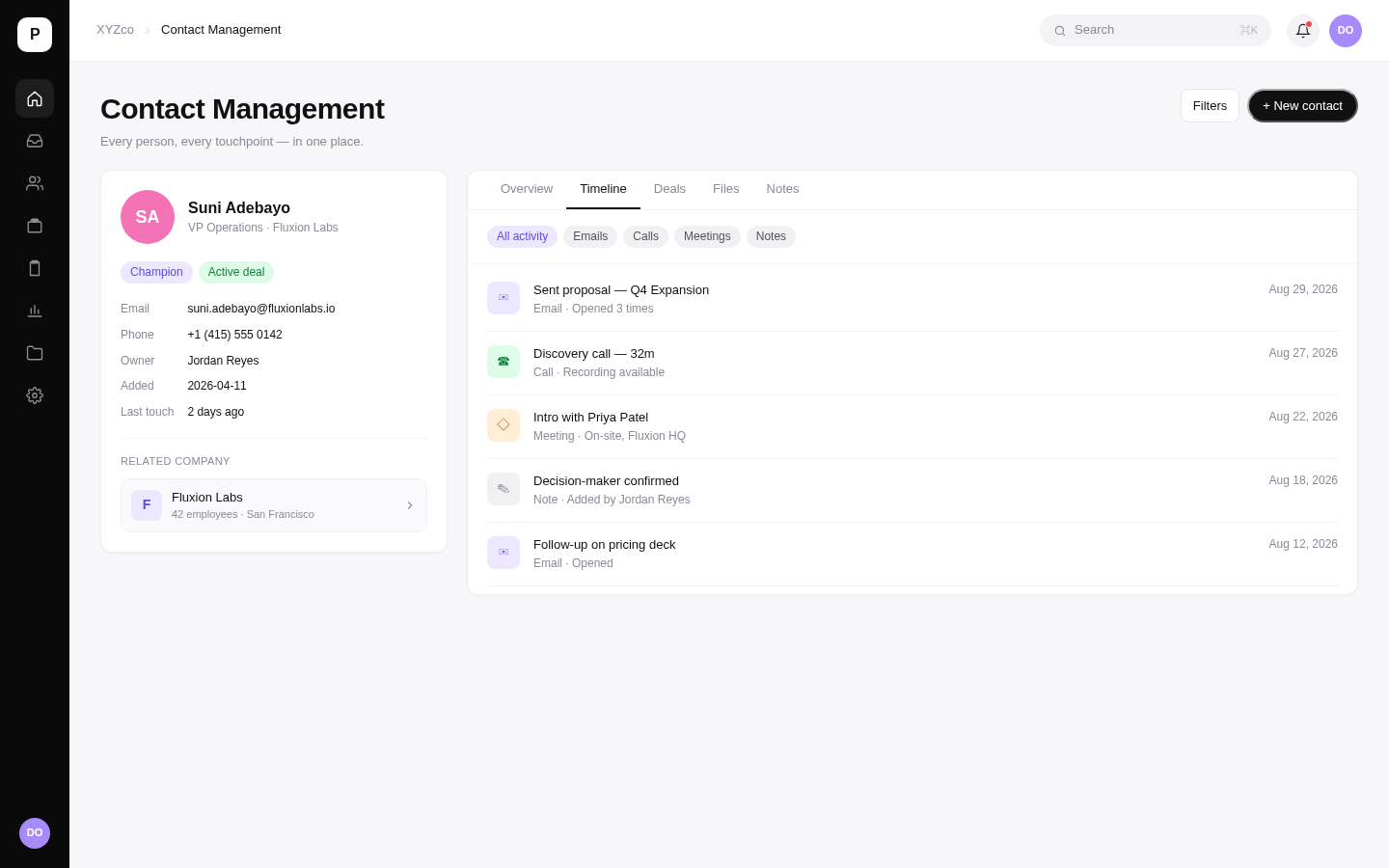 PragmaCRM contact record with activity timeline